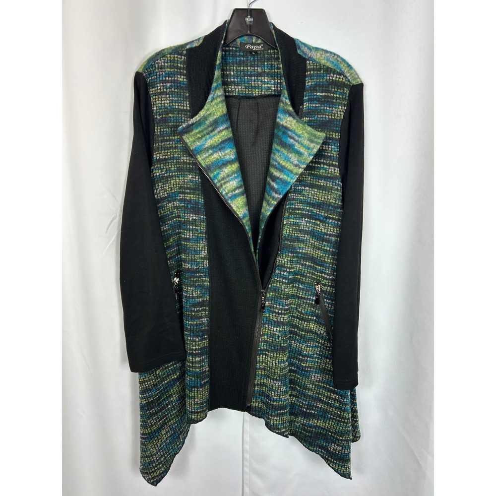 Space Dye Knit‎ Papa Vancouver Asymmetrical Draped Cardigan Jacket Blue Green